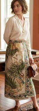 90's Sharon Young Tropical Print Boho Faux Wrap Skirt w/ Pocketwatch Design